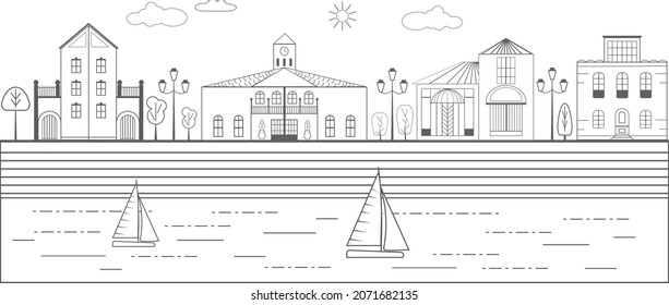 City street with modern houses, villas and a church. Monochrome cityscape with with an embankment, a river and a sailing boat.
Solar panels and attics on the roofs of buildings.