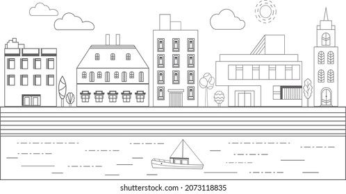 City street with modern houses, villas and a church. Monochrome cityscape with with an embankment, a river and a sailing boat.
Solar panels and attics on the roofs of buildings. 