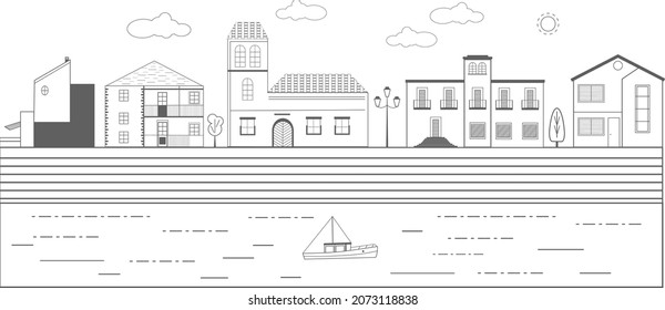 City street with modern houses, villas and a church. Monochrome cityscape with with an embankment, a river and a sailing boat.
Solar panels and attics on the roofs of buildings. 