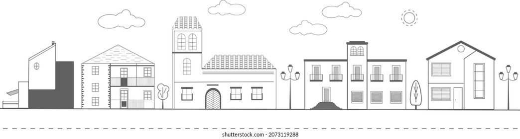 City street with modern houses, villas and a church. Monochrome cityscape with residential houses  and shops.
Solar panels and attics on the roofs of buildings. Sky with clouds and sun.