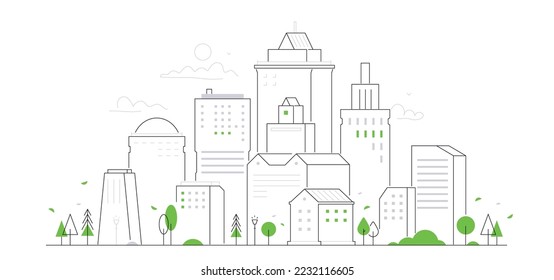 City street - modern thin line design style vector illustration on white background. Composition with facade of town buildings arranged in triangular shape. Landmarks silhouette and metropolis idea