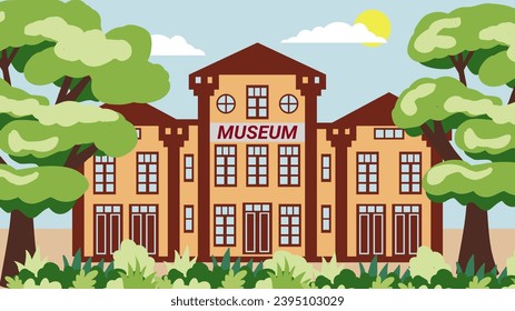 City street with a museum in old house surrounded by trees. Illustration of urban infrastructure in a flat style.