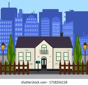 City street with a new one-story house. Cartoon style. Vector illustration