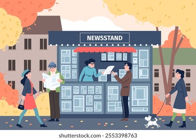 City street newsstand. People buy newspapers, adults reading magazines. Men women read daily news in paper newspaper, flat recent vector scene