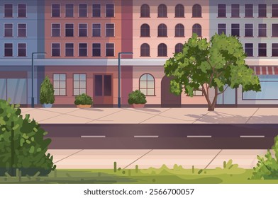 City street with nice buildings, houses and cafe. Buildings facade with windows, doors, street lights, trees, bushes, empty sidewalk and road. Vector illustration. Not AI generated