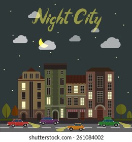 City street at night. Cars and buildings in cartoon style, vector illustration