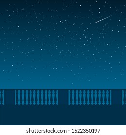 City street at night. Silhouette of a patterned fence against a beautiful starry sky with a meteorite. Vector square illustration for background.