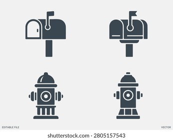 City street objects set mailbox and fire hydrant silhouette icons isolated vector illustration elements