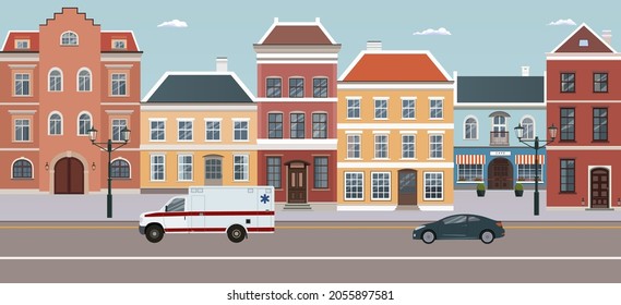 City street with old buildings, cafes, lanterns. Moving ambulance car. Doctors rush to help. There is a coronavirus epidemic in the city. Design for poster, banner, website. Vector illustration.