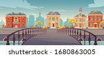 City street with old buildings view from bridge. Vintage european colonial victorian houses at promenade. Cityscape retro architecture, 19th century town at river shore, cartoon vector illustration