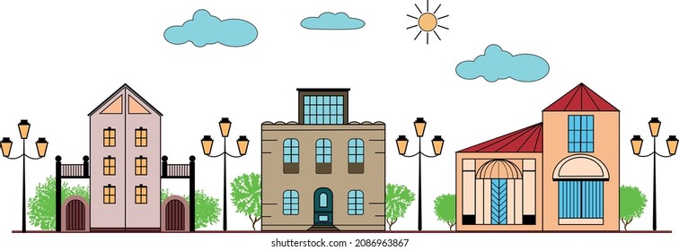 City street with old and modern buildings , trees and lanterns.Collection of urban and suburban house, town house, and cottage. Isolated vector illustration.