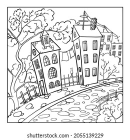City street on a stone pavement. Children's coloring. Vector illustration