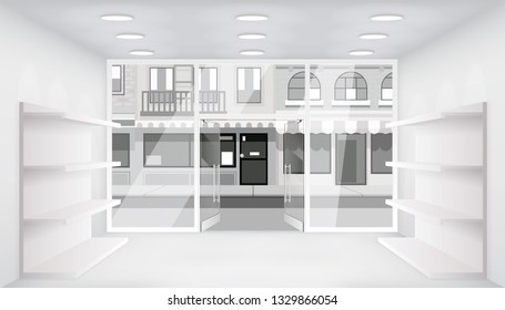 City street open doors store interior shop 3d empty trade shelves space light realistic windows space template mockup background vector illustration