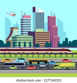 City street panorama. Street with cars and urban transport houses. Urban cityscape skyscrapers and traffic vector background
