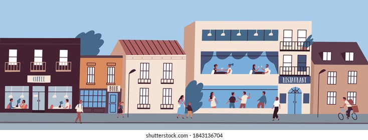 City street panorama with people walking, cycling and spending time in cafe and restaurant. Urban downtown area landscape with buildings facades. Vector illustration in flat cartoon style