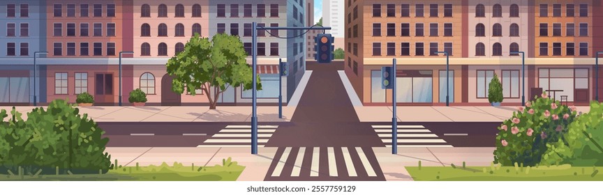 City street panorama. City street road with traffic lights, sidewalk and pedestrian crosswalk. Town landscape with buildings, houses, trees, bushes. Empty downtown car road. Not AI generated