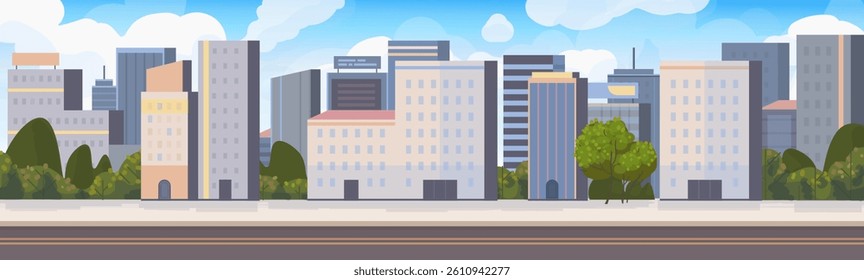 City street panorama. Town landscape with high buildings, houses, trees, bushes, blue sky and clouds. Empty downtown car road. Vector illustration. Not AI generated