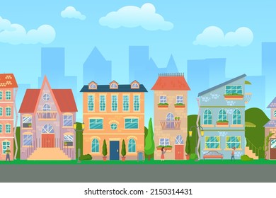 City street. Panoramic cityscape with bright houses, walking pedestrians. Shop and stores. Summer city. Vector illustration in cartoon style.