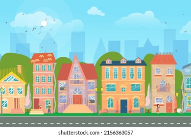 City street. Panoramic cityscape with bright houses, walking pedestrians, flowering trees. Shop and stores. Spring city. Vector illustration in cartoon style.