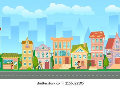 City street. Panoramic cityscape with bright houses, walking pedestrians. Shop and stores. Summer city. Vector illustration in cartoon style.