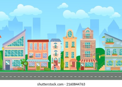 City street. Panoramic cityscape with bright houses, walking pedestrians. Shop and stores. Summer city. Vector illustration in cartoon style.