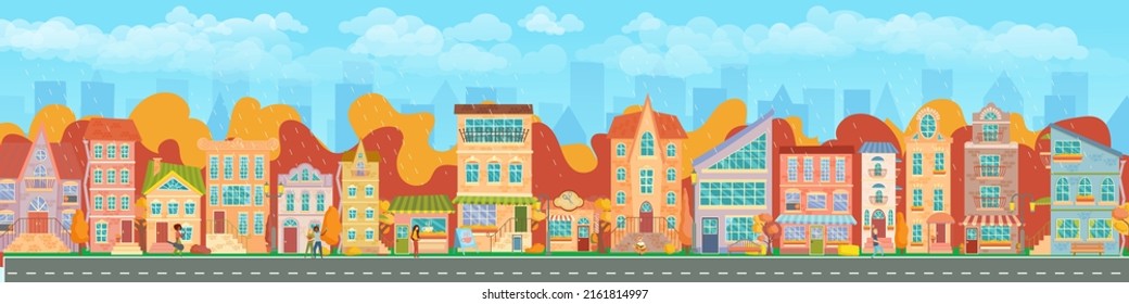 City street. Panoramic cityscape with bright houses, walking pedestrians, autumn trees. Shop and stores. Autumn city. Vector illustration in cartoon style.