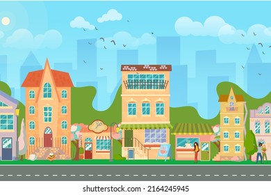 City street. Panoramic cityscape with bright houses, walking pedestrians, flowering trees. Shop and stores. Spring city. Vector illustration in cartoon style.