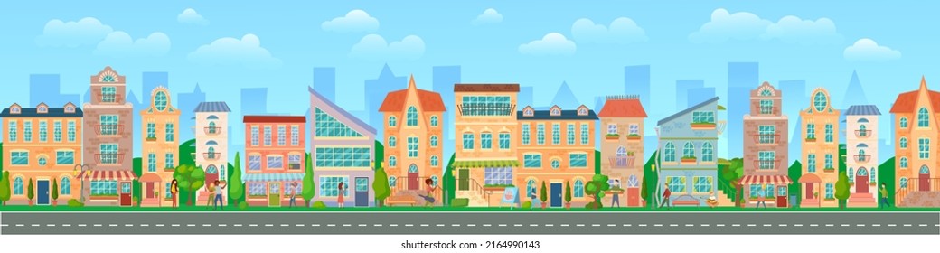 City street. Panoramic cityscape with bright houses, walking pedestrians. Shop and stores. Summer city. Vector illustration in cartoon style.