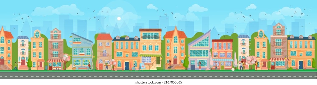 City street. Panoramic cityscape with bright houses, walking pedestrians, flowering trees. Shop and stores. Spring city. Vector illustration in cartoon style.