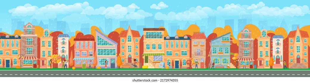 City street. Panoramic cityscape with bright houses, walking pedestrians, autumn trees. Shop and stores. Autumn city. Vector illustration in cartoon style.