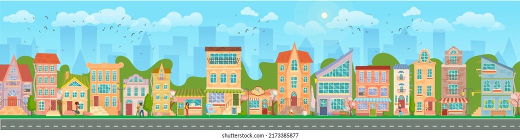 City street. Panoramic cityscape with bright houses, walking pedestrians, flowering trees. Shop and stores. Spring city. Vector illustration in cartoon style.