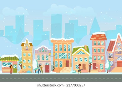 City street. Panoramic cityscape with bright houses, walking pedestrians, snow. Shop and stores. Winter city. Vector illustration in cartoon style.