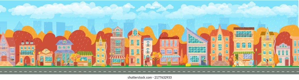 Stadtstraße. Panoramablick auf die Stadt mit hellen Häusern, Fußgängerzonen, Herbstbäume. Laden und Geschäfte. Herbststadt. Vektorgrafik im Cartoon-Stil.