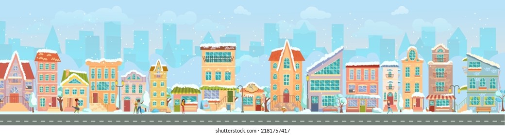 City street. Panoramic cityscape with bright houses, walking pedestrians, snow. Shop and stores. Winter city. Vector illustration in cartoon style.