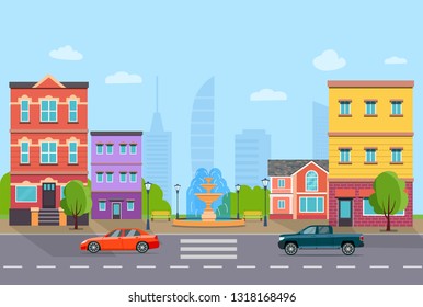 City street panoramic. City life set buildings, cars and fountain . Vector flat style illustration.