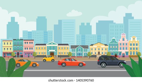 City street panoramic. City life set buildings and cars. Vector flat illustration.