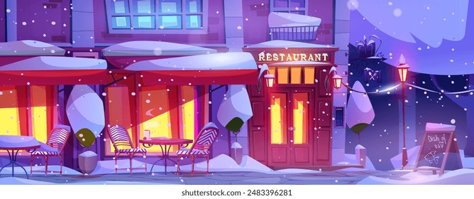 City street with pedestrian and cafe facade at winter. Cartoon vector illustration of cold season urban landscape with restaurant tables on sidewalk covered with snow at night or in evening.