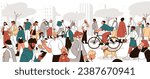 City street, people crowd. Pedestrians walking, citizens with bicycles, dog, smartphone outdoors. Many active men, women, kids characters outside. Busy urban lifestyle. Flat vector illustration