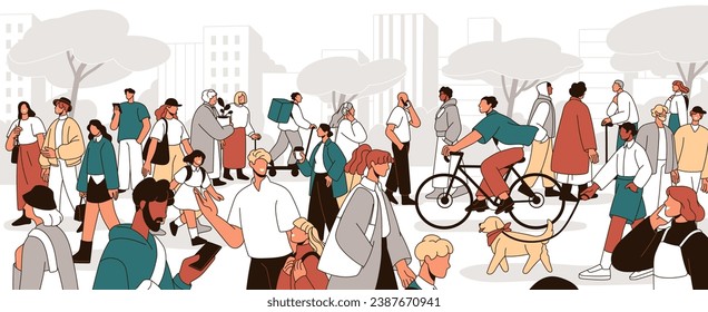 City street, people crowd. Pedestrians walking, citizens with bicycles, dog, smartphone outdoors. Many active men, women, kids characters outside. Busy urban lifestyle. Flat vector illustration