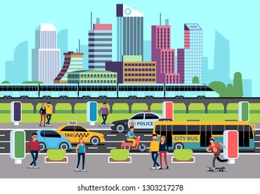 City street people and transport. Car bus bike motorcycle and persons. Transportation concept, city vector illustration