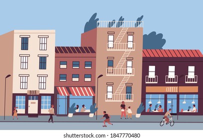 City street with people walking and sitting in cafe and restaurant. Colorful cityscape with pedestrians. Urban landscape with building facades. Flat vector cartoon illustration