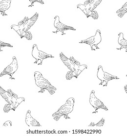 city street pigeons black lines silhouettes on white background seamless pattern, urban doves birds, editable vector illustration for fabric, textile, decoration, paper