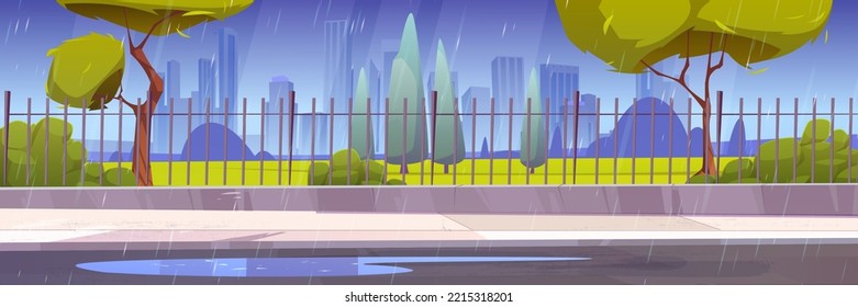 City street at rain, cityscape at rainy weather, urban skyline with skyscrapers, green wet trees, road with puddles along metal fence under strong shower, downtown district Cartoon vector illustration