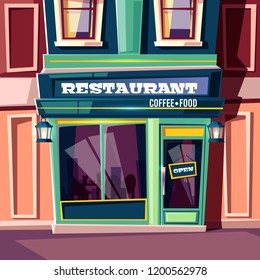 City street restaurant with open plate on entrance door and vintage lanterns on facade cartoon vector illustration. Sidewalk cafe, local family cafeteria, small business eatery with retro exterior
