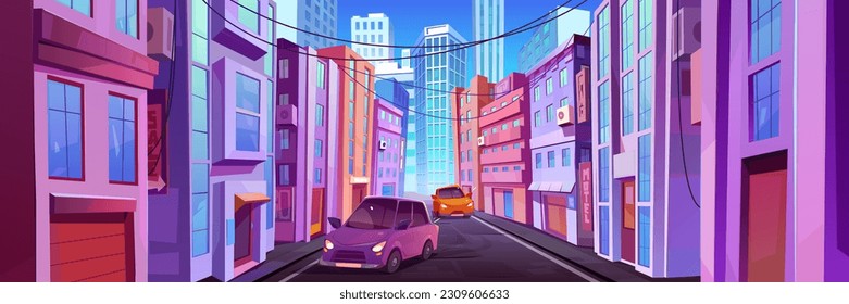 City street road car traffic vector background. Cityscape with office house and urban building exterior. Downtown district perspective view cartoon panorama illustration. Backstreet in metropolis