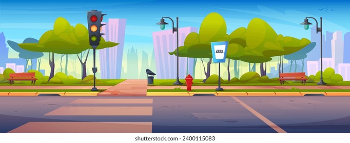 City street with road crossing and green park. Vector cartoon illustration of pedestrian crosswalk in summer town, traffic light, bus stop sign on pedestrian pavement, green trees, cityscape buildings