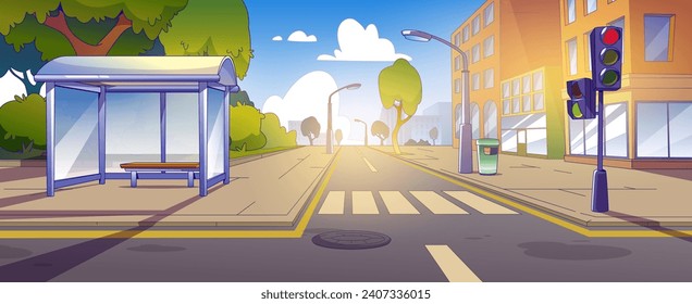 City street with road crossing and park. Vector cartoon illustration of pedestrian crosswalk in summer town, traffic light, glass bus stop with bench on pavement, green trees, cityscape buildings