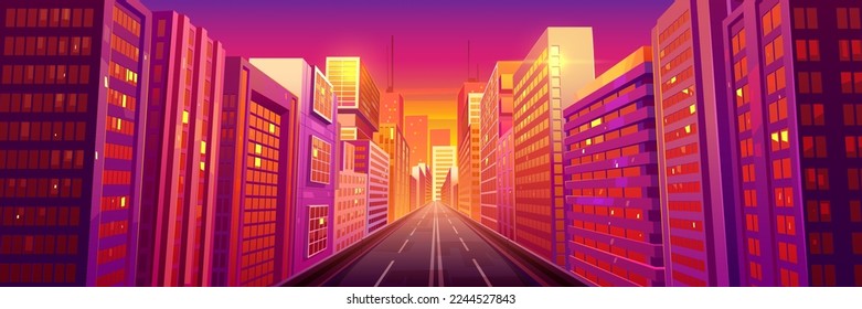 City street with road at early morning, empty sunset driveway, walkway, buildings at pink sunlight perspective view. Urban architecture, megalopolis infrastructure dramatic cartoon vector illustration