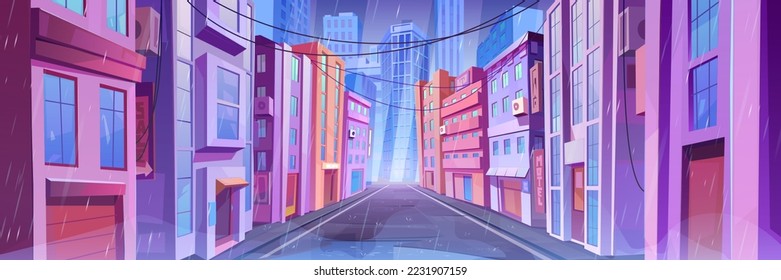 City street with road at rain, empty wet driveway with walkways and building facades at dull rainy weather perspective view. Megalopolis infrastructure, urban architecture Cartoon vector illustration