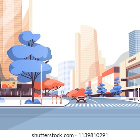 City street road skyscraper buildings view modern cityscape downtown flat vector illustration